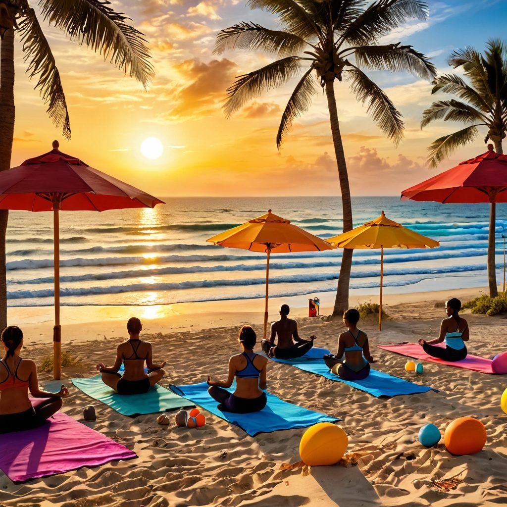 A serene beach scene depicting a diverse group of people practicing yoga on the sand at sunrise, transitioning to individuals sunbathing with vibrant beach towels and colorful umbrellas. Include surfboards and beach balls for an active vibe, alongside a refreshing smoothie stand. Emphasize the warm golden hues of the sunrise and the vivid colors of beach essentials. super-realistic. vibrant colors.