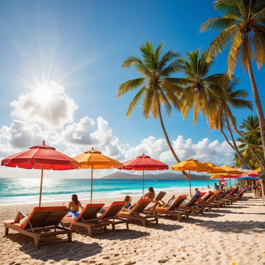A vibrant beach scene filled with diverse people wearing trendy summer beachwear and swimwear, surrounded by colorful beach umbrellas and sun loungers. Include refreshing tropical drinks and playful beach activities like volleyball and surfing in the background, capturing the essence of summer fun. The sky is a bright blue with fluffy white clouds, and the sun casts a warm glow over everything. super-realistic. vibrant colors. tropical theme.