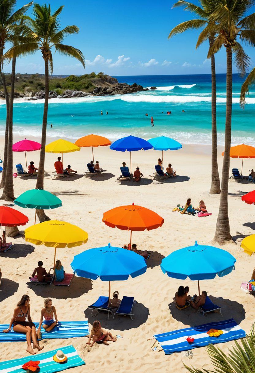 A vibrant beach scene featuring a diverse group of people wearing trendy beachwear and swimwear, showcasing various styles and colors. The background includes a clear blue ocean with tropical palm trees, colorful beach umbrellas, and playful children building sandcastles. Include elements like surfboards and beach towels scattered around for an adventurous vibe. The sun shines brightly in a clear sky, invoking a joyful summer feeling. super-realistic. vibrant colors. 3D.
